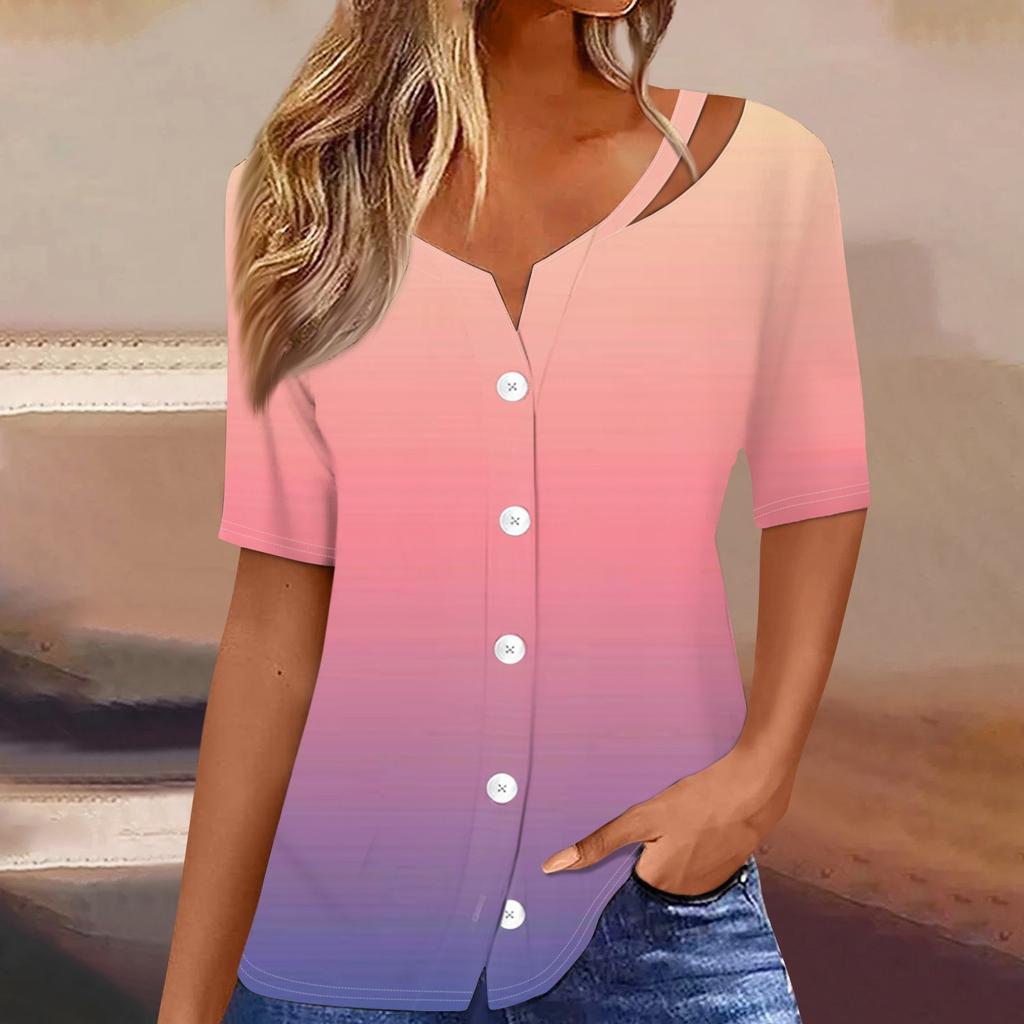 Damen T-Shirt mit Aufdruck, kurzärmelig, V-Ausschnitt, Knopfleiste, Strickjacke, T-Shirt, Top