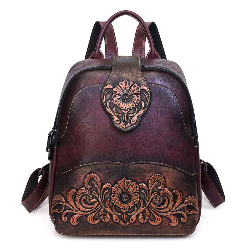 Western Tooled PU Leather Backpack for Women, Vintage Embossed Floral Backpack, Casual Travel Daypack Purse