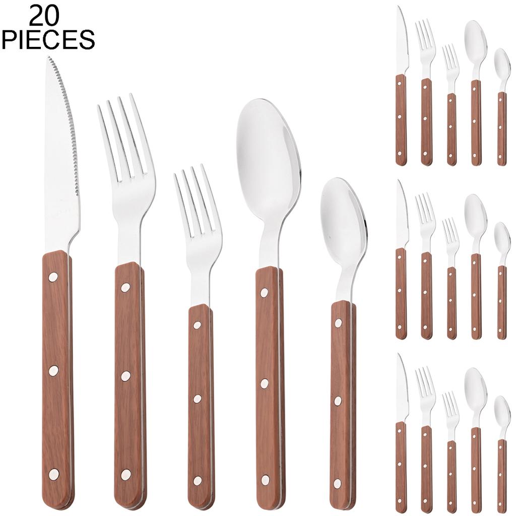 5/20/30 szt. Zestaw sztućców z imitacją drewnianej rączki, Zestaw naczyń ze stali nierdzewnej, Zachodnie noże, widelce, łyżki, zastawa stołowa, sztućce
