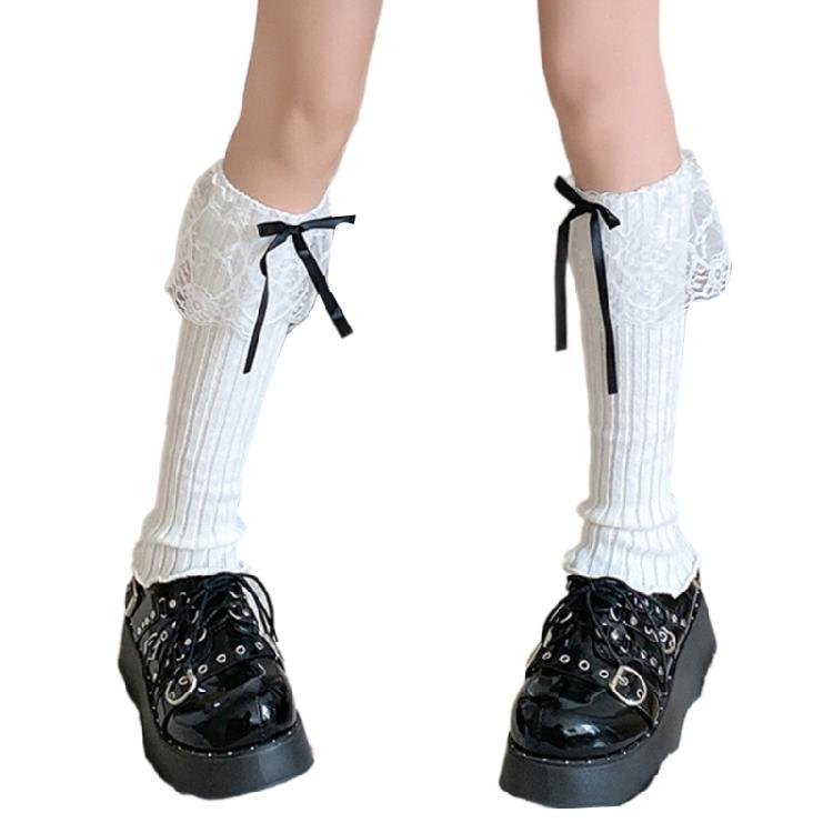 Women Aesthetic Ribbed Knit Stretch Leg Warmer Japanese Boot Cover Sweet Ruffled Lace Trim Bows Leg Sleeve Long Socks