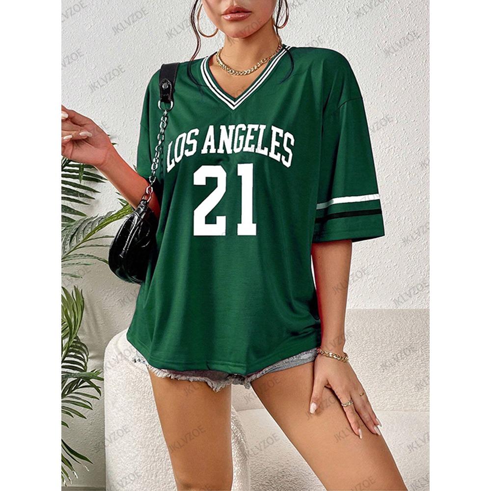 New Los Angeles No.21 Printed T-Shirt For Women Summer V-Neck Short Sleeve Sports Football Jersey Y2K Loose Oversized Tops