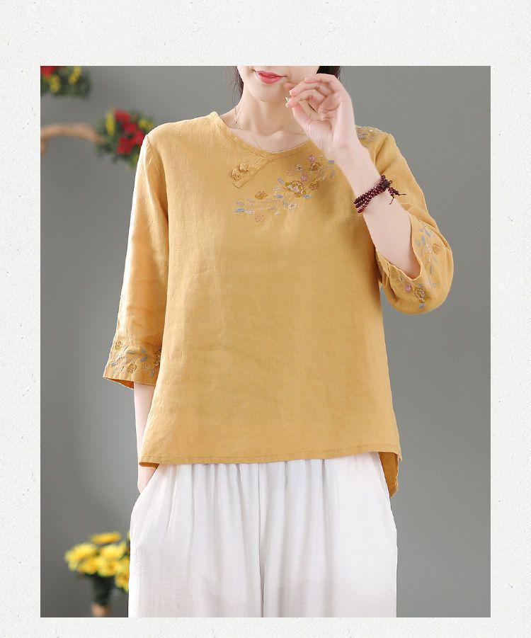 Ethnic Style Cotton-Linen Embroidered T-Shirt: Artistic Retro, Buttoned, Round Neck, Short Sleeve, Summer Loose Fit for Women