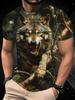 Heren T-shirt met 3D Boswolf Print, Realistisch Grommende Wolf in Bos Ontwerp, Korte Mouw Ronde Hals T-shirt voor Dierenvrienden