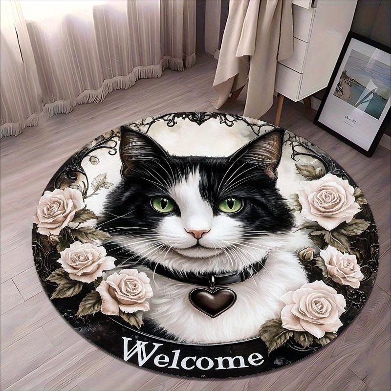 

White and black beautiful cat Flannel-printed round floor mats are slip-resistant Suitable living room terrace garden carpets 60cm