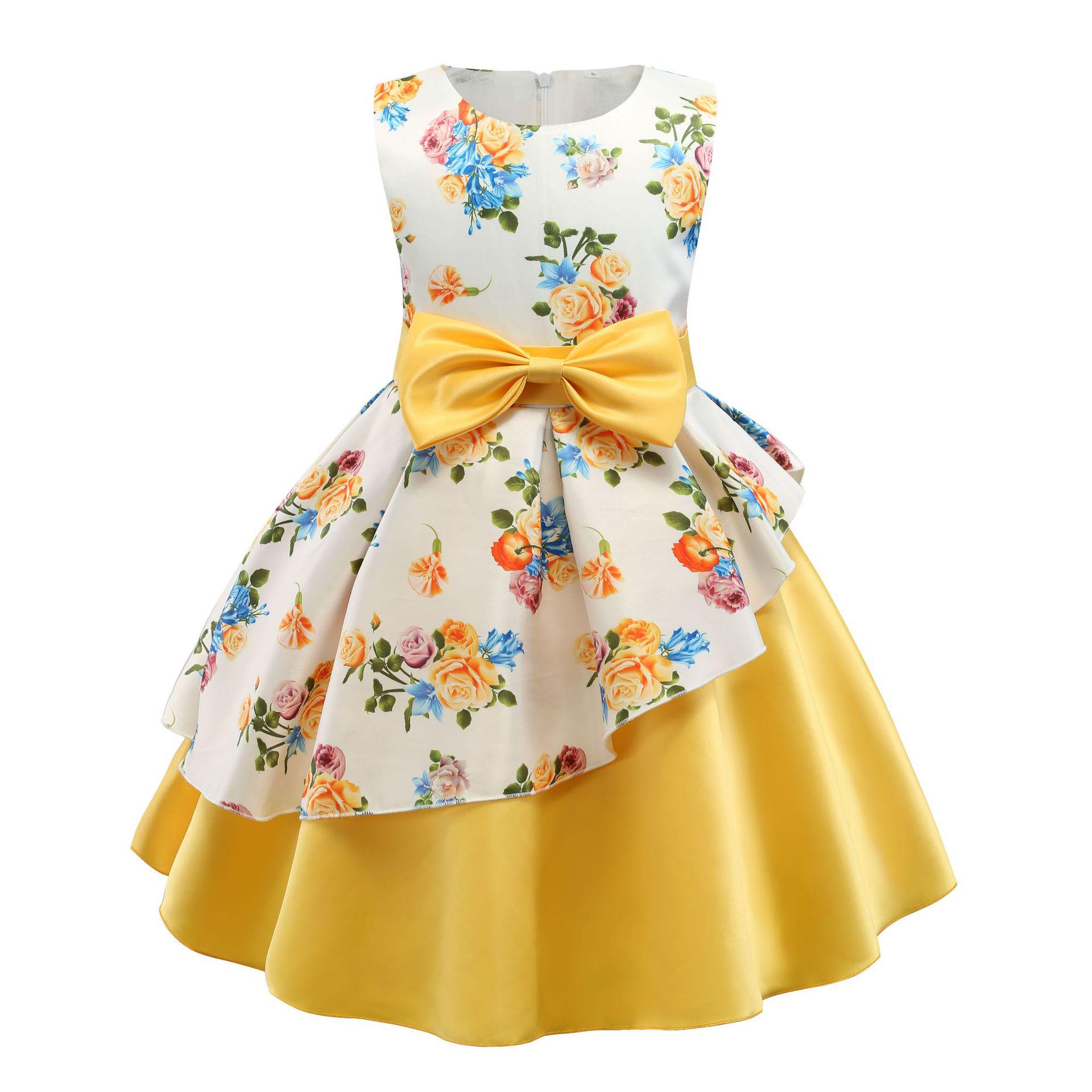 

2025 New Girls Irregular Hem Printed Evening Dress with Bow - Performance & Halloween Costume 140 cm жовтий
