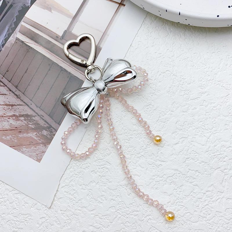 Y2K Korean Cute Beaded Pearl Bowknot Keychain for Women Girls Metal Bow Pendant Bag Decoration Car Interior Decor Accessories