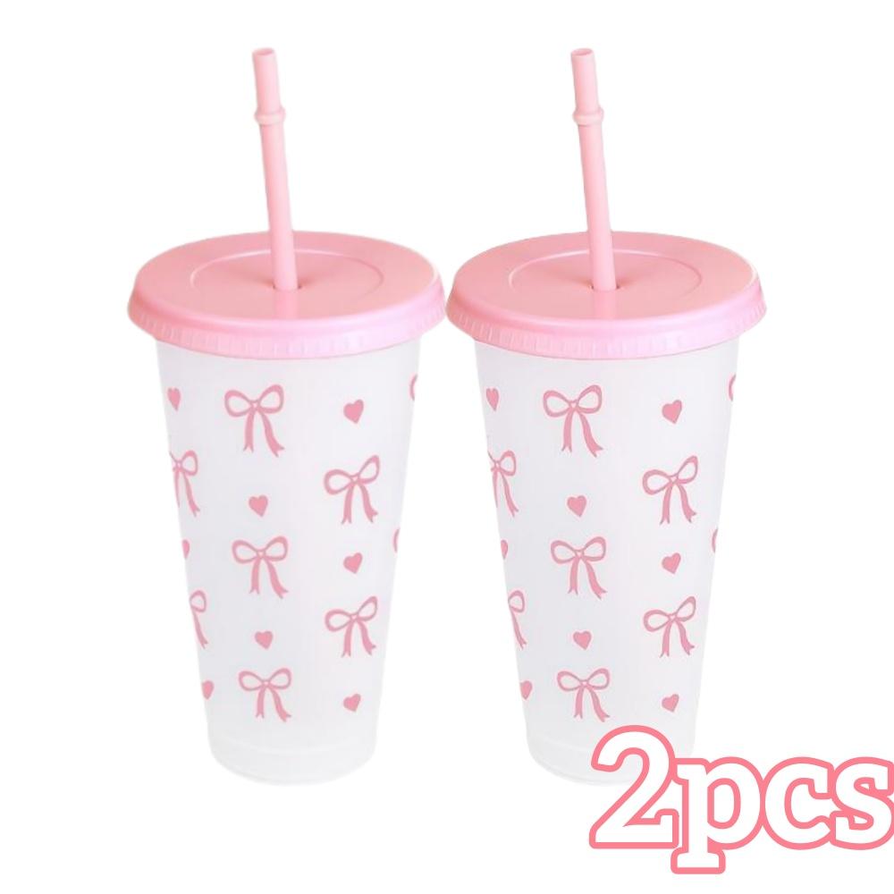 2/20pcs 24oz Reusable Party Cups with Straw & Lid Cute Bow Plastic Tumblers for Cold Drinks Home Office Outdoor Use Summer Gift