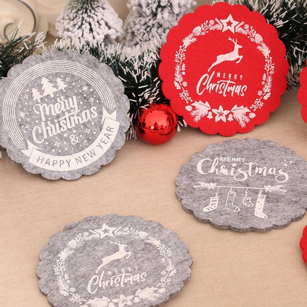 10pcs Red Grey Christmas Felt Coasters Non-Slip Merry Christmas Decoration  New Year Gifts