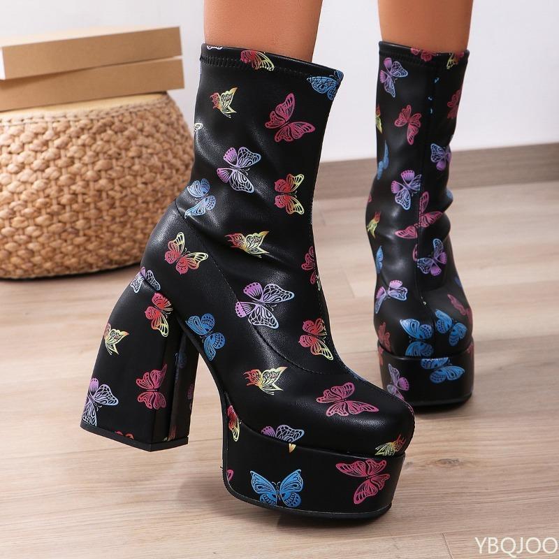 Fashion Large size women's autumn winter new short boots square toe waterproof platform high heels fashionable thick soled women's boots