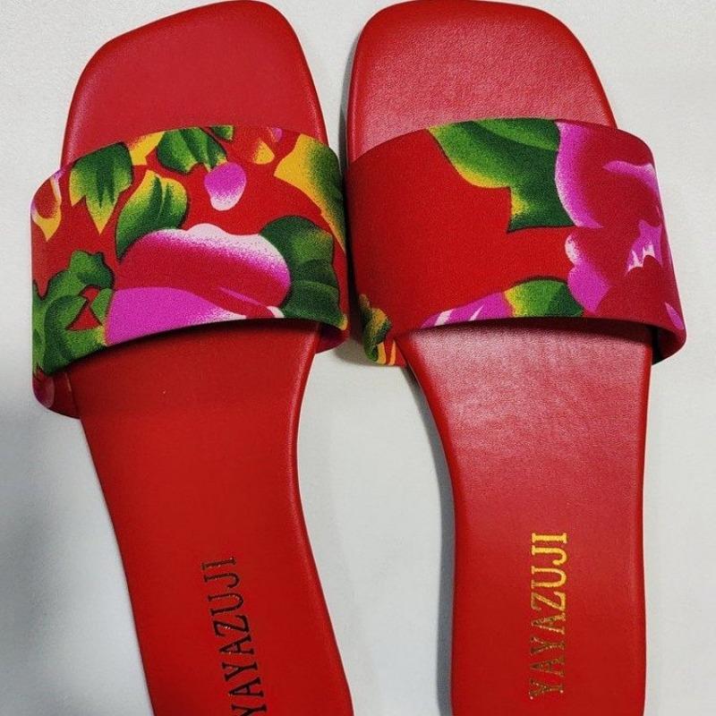 Fashion Summer New Flat Sandals Women's Fashion Square Head Open Toe Print Soft Sole Non-slip Wear-resistant Comfortable Slippers