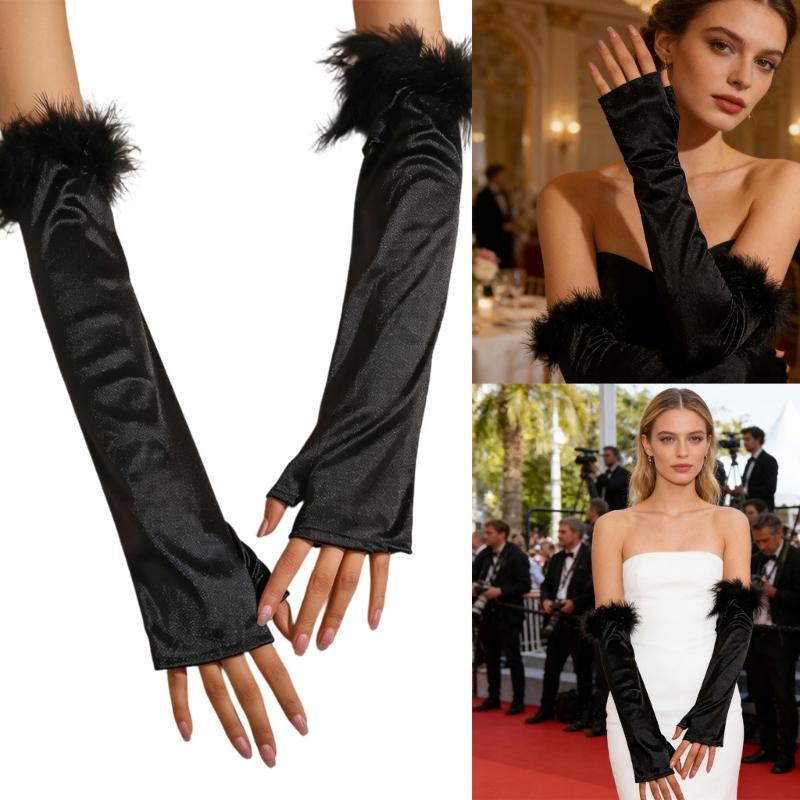 Wedding Gloves Proms White Gloves Feather Long Gloves for Operas Women Lady Proms Costume Accessories