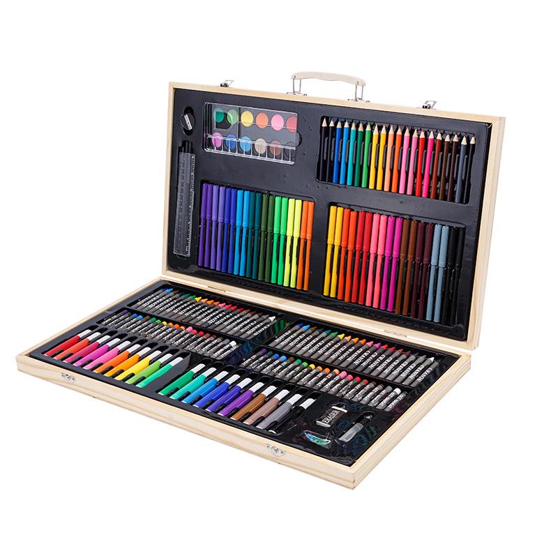 Children's Art Supplies Gift: 180-Piece Wooden Box Set with Watercolor Pens, Brushes, Colored Pencils, and Crayons for Painting and Creativity.