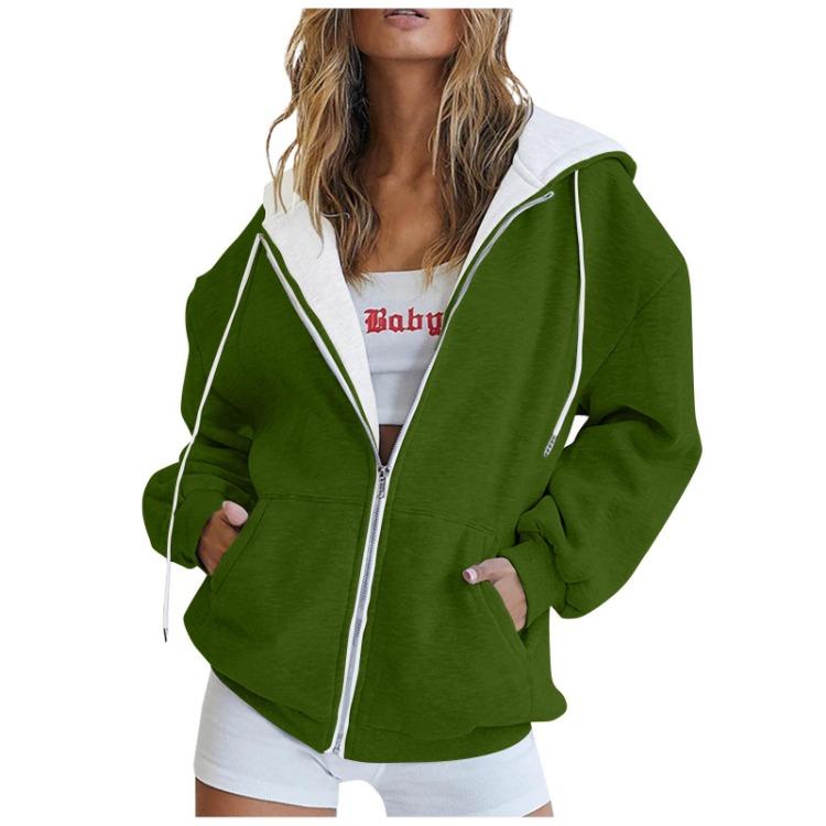 Women Casual Oversized Full Zip Hoodie, Contrast Liner Hooded Sweat Jacket, Soft Breathable Material Loose Outerwear with Pockets