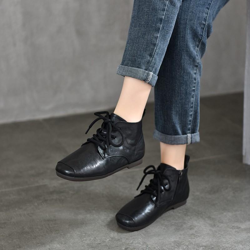 Johnature Genuine Leather Pleated Short Boots Round Toe Soft Sole Lace Up Versatile Women's Shoes