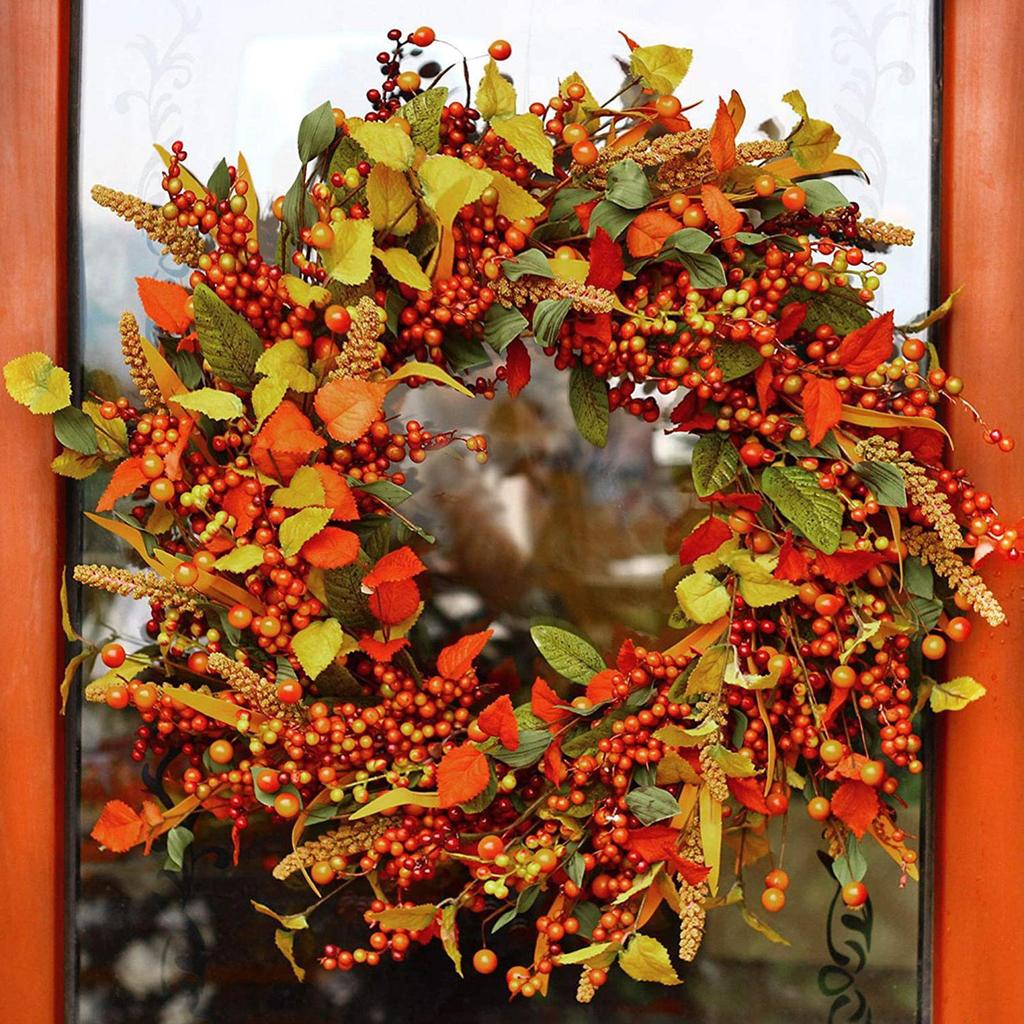 Artificial Autumn Wreath, Door Decorative Wreath with Yellow And Green Leaves, Hanging