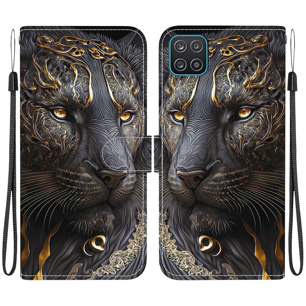 Handgefertigte PU-Leder-Flip-Hülle für Samsung Galaxy A12 5G Rutschfeste Stoßfeste Hülle mit Handschlaufe & Herz/Rose Katze Designs