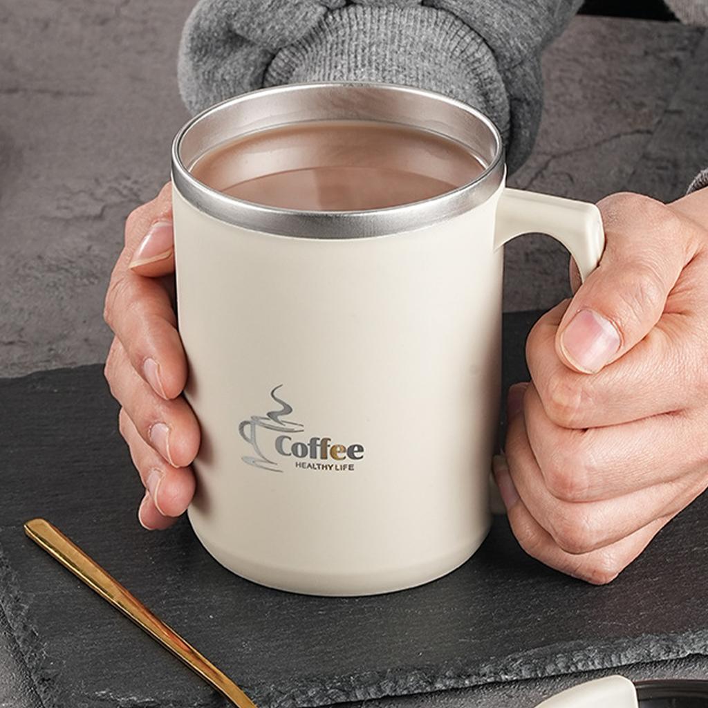 WORTHBUY Double Wall Thermal Insulated Coffee Cup Mug Office Drinking Cup Heat-resistant Leak-proof Water Cup With Handle&Lid