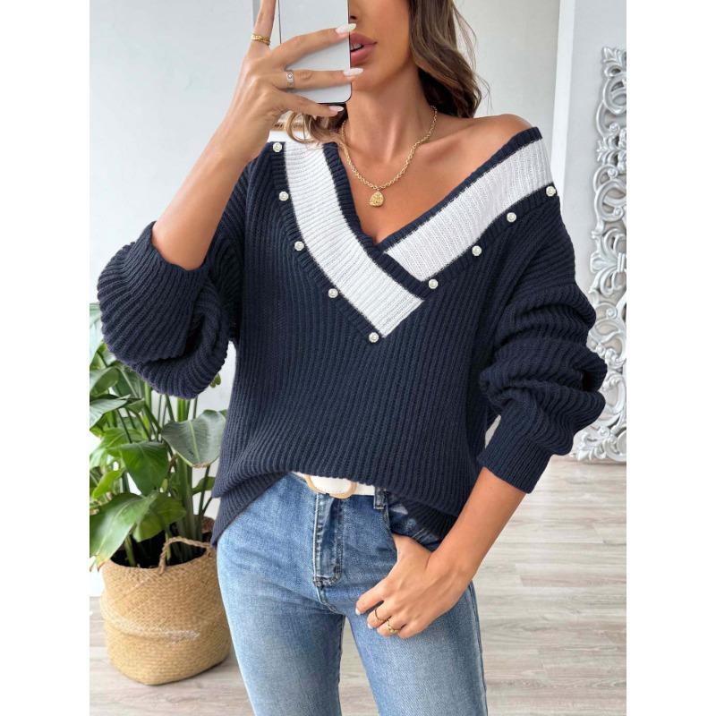 Women S Loose Fit V Neck Beaded Long Sleeve Pullover Sweater