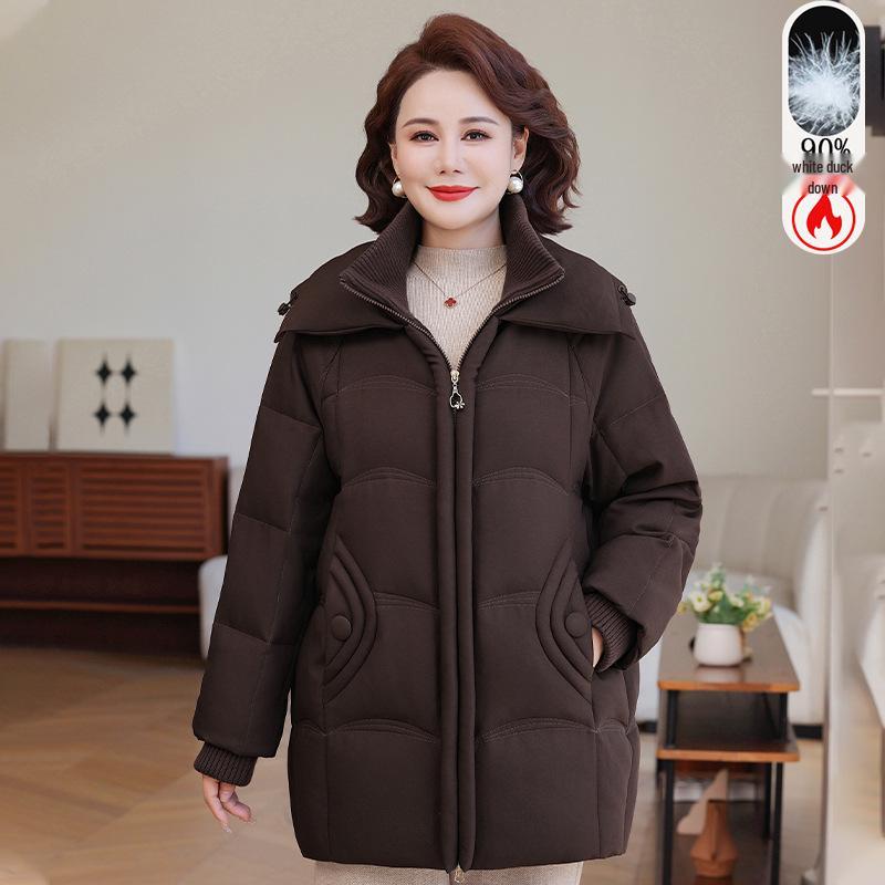 

Mom s 2025 Winter Hooded Down Jacket - Solid Color White Duck Down Coat for Women 3XL (115-135 jin)