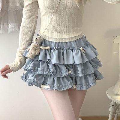 Schleife Minirock für Damen Kawaii Süß Rüschen Kuchenrock Shorts Mädchen Harajuku Japanischer Stil Kleidung