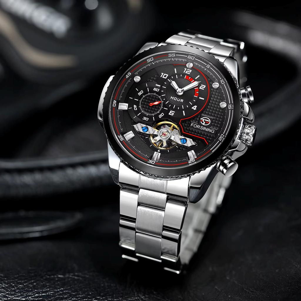 Forsining Mens Automatic Watches Stainess Steel Waterproof Wrist Watches Tourbillon Self Winding Mechanical Diamond Dial Wrist Watch