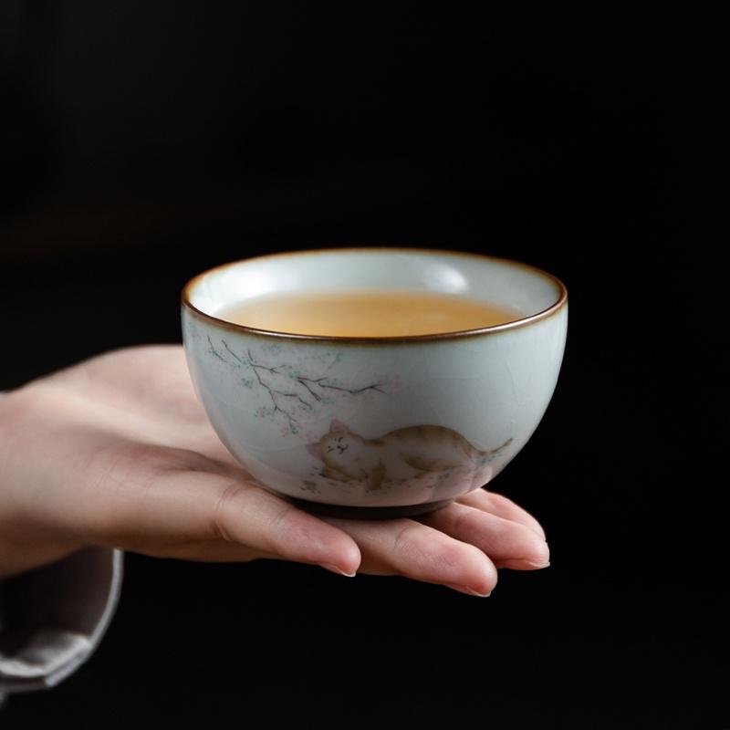 115ml Cute Cat Tea Cup Master Cup Personal Exclusive Tea Cup Ceramic Kung Fu Single Cup Ru Kiln Small Tea Cup Tea Bowl