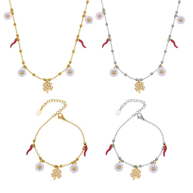 Stainless Steel Lucky Clover Daisy Pendant Necklace Bracelet Set Women Gold Mixed Color Fashion Jewelry