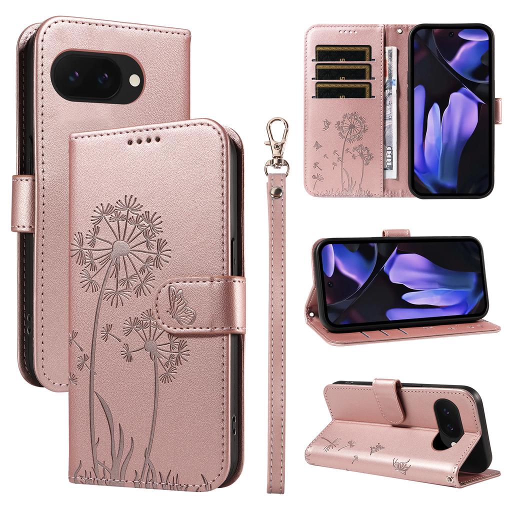 For Google Pixel 9a Leather Wallet Case with Strap Dandelion Imprint Phone Stand Cover