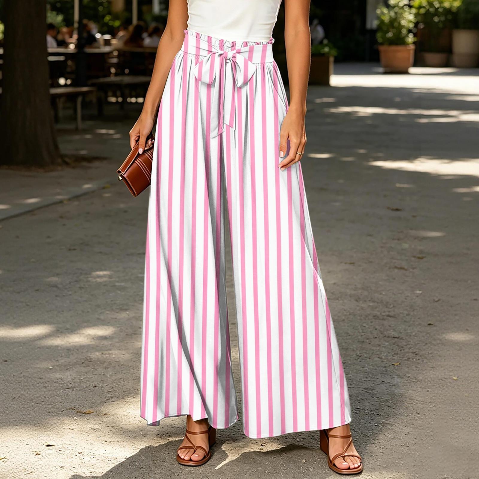 

Women s High Waist Wide Leg Pants with Striped Plaid Print Casual Loose Fit Trousers with Tie Belt and Pockets for Everyday Wear L розовый