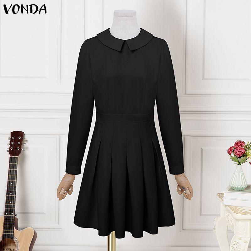 VONDA Women Lapel Neck Long Sleeve Pleating Ruffled Bodycon Mini Dress
