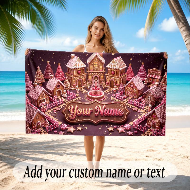 Christmas Theme Quick Dry Beach Towel Custom Name Text Print Large Sand Resistant Towel Beach Vacation