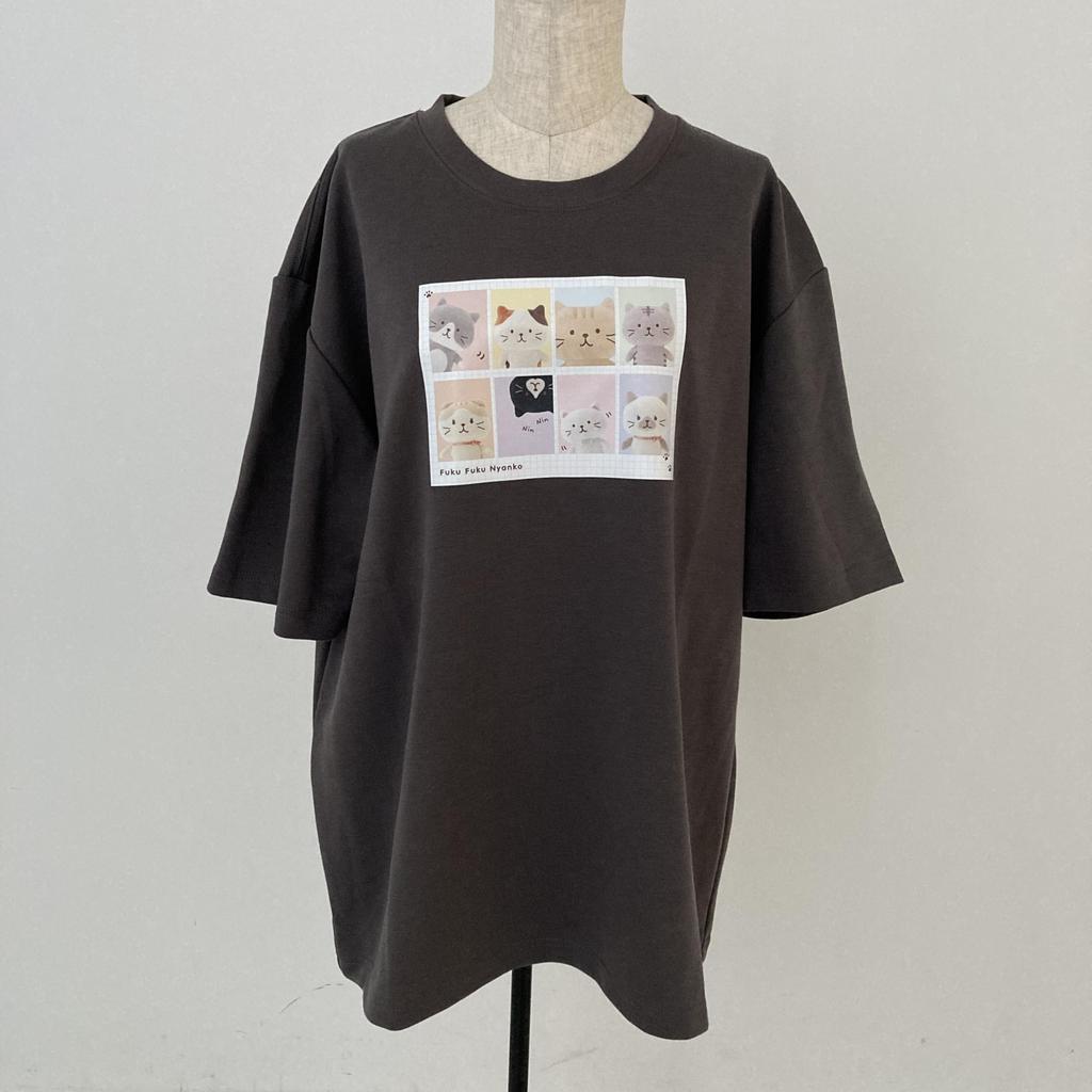 [Fuku Fuku Nyanko] Cat T-Shirt, Short Sleeve, Cute, for Cat Lovers, Fukufuku Nyanko Character, Unisex, Size L, Loose Fit, Crew Neck, Happins