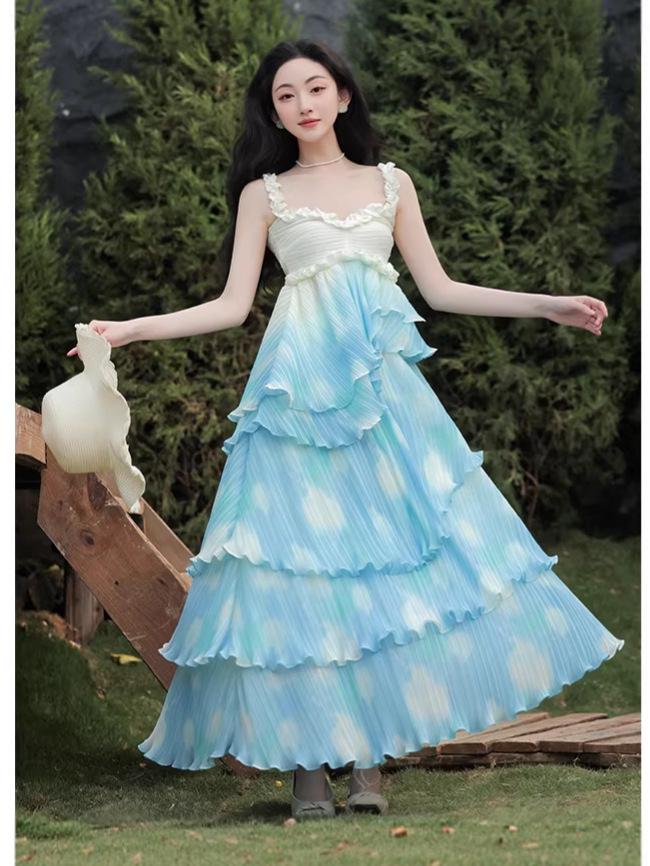 Women's Summer Ruffle Lace Patchwork Strappy Skirt Set