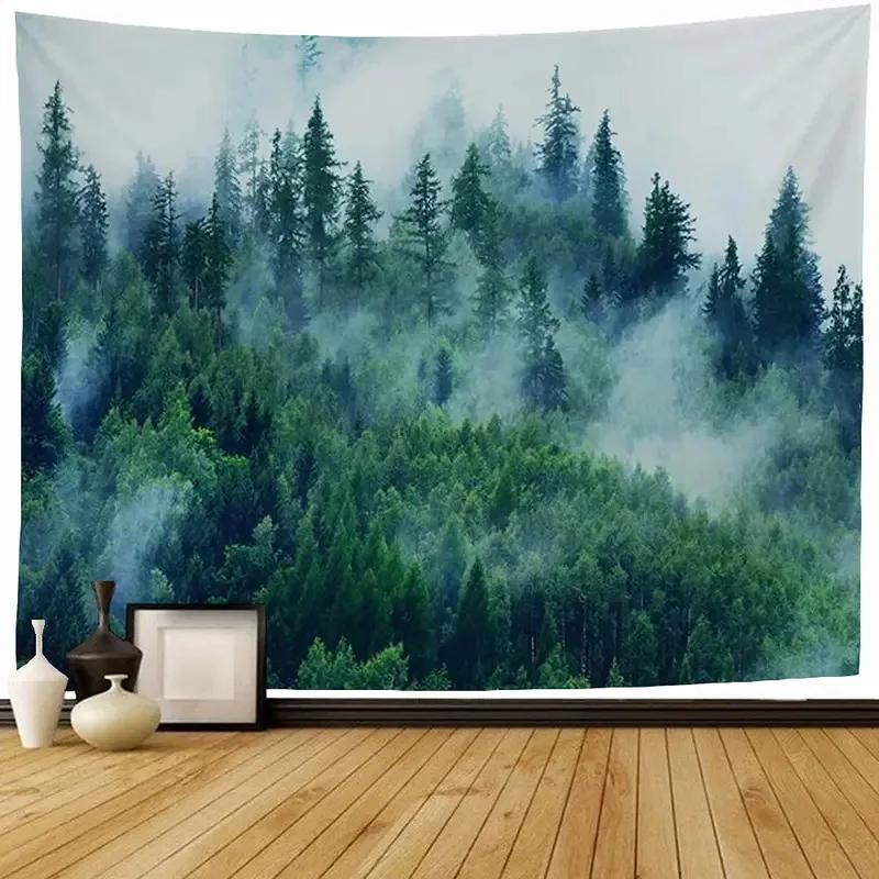 Nature Forest Tapestry, Misty Green Pine Tree Scenery Wall Art Hanging for Bedroom Living Room Photography Backdrop
