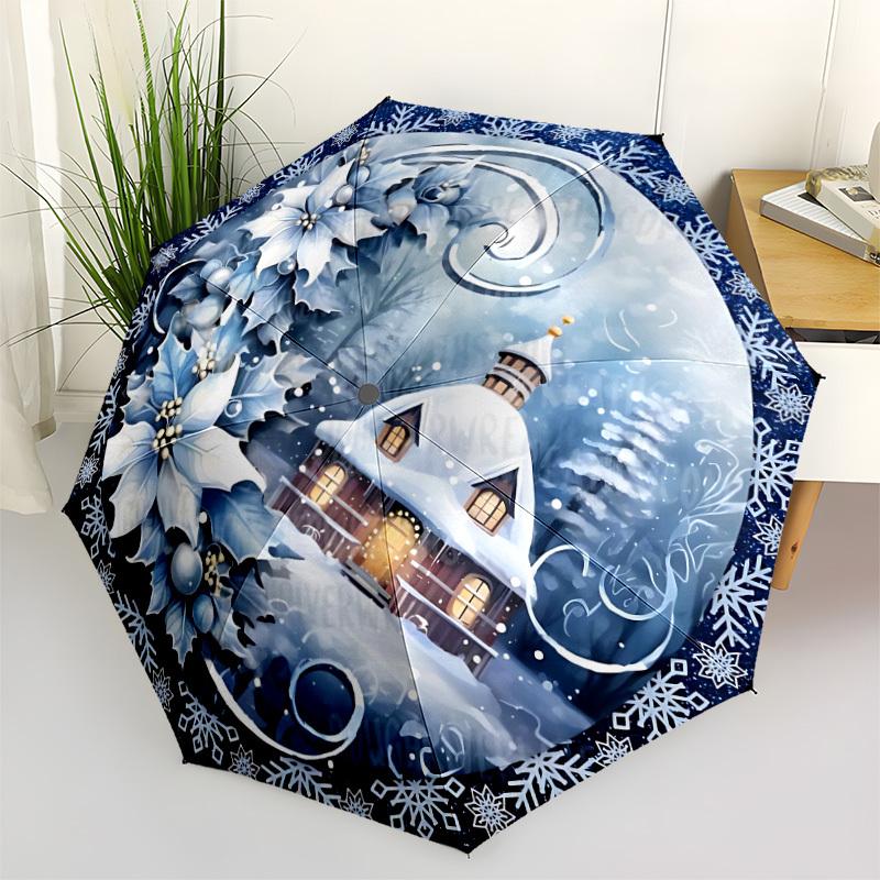 

1pc Winter Scene Automatic Umbrella - Stylish, Durable, with 8-Rib Manual Open Design, Elegant Black Handleyy250920181