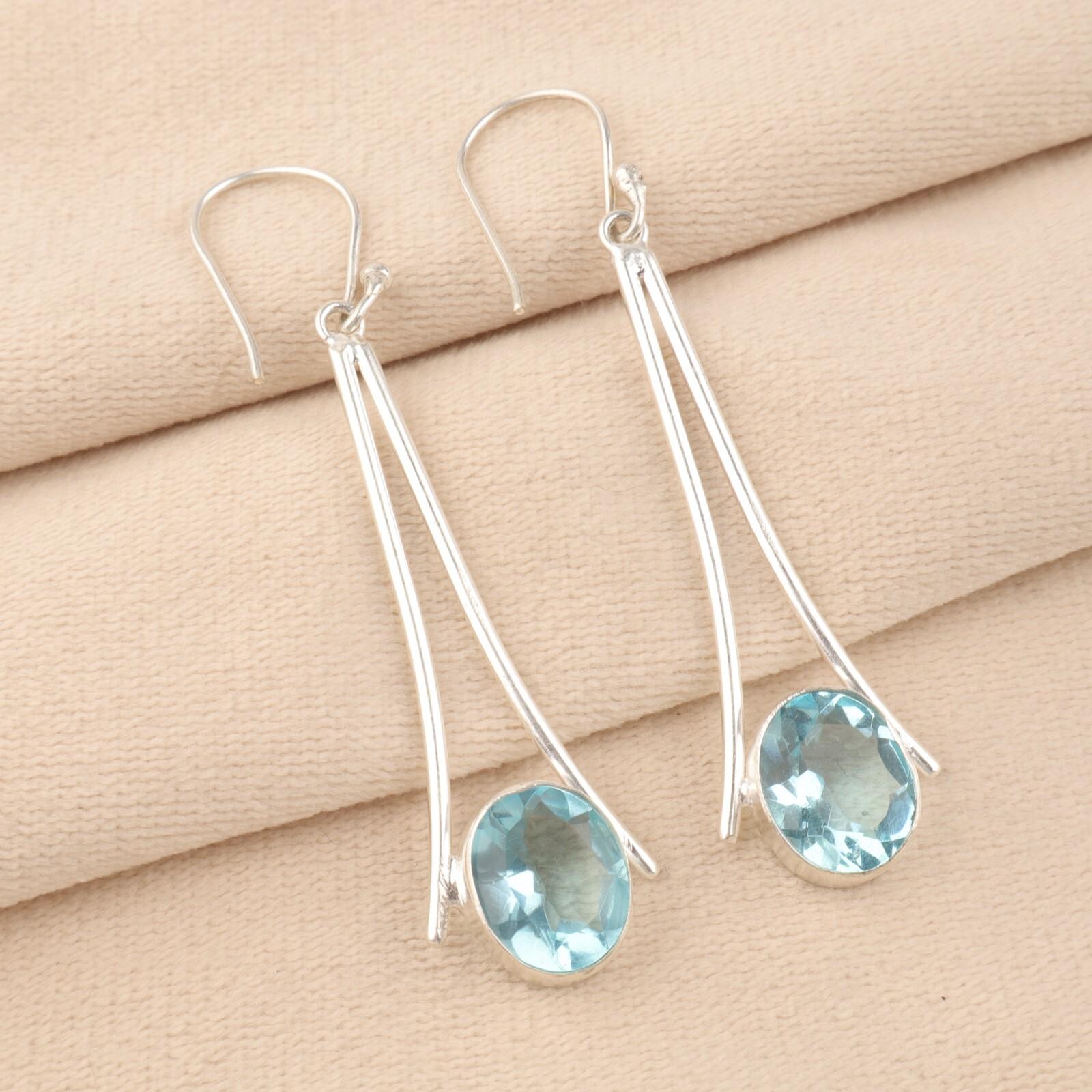 

Natural Sky Blue Topaz Gemstone 925 Sterling Silver Handmade Long Earrings 2.63 EE-136-1