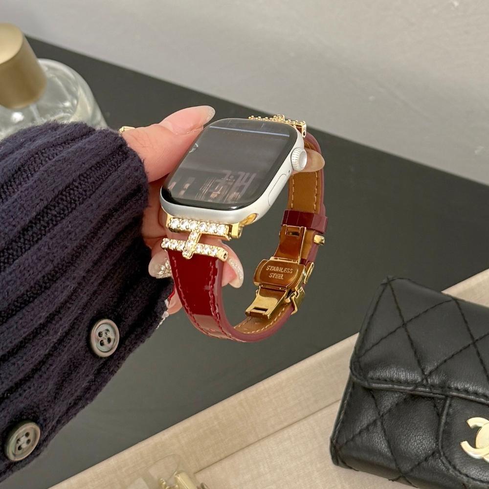 Luxury For Apple Watch Ultra 49mm Band H-Shaped Diamond Butterfly Buckle Leather Strap Suitable for iwatch Series 11/10/9/8/SE3 46/45/44/42/41/40/38mm
