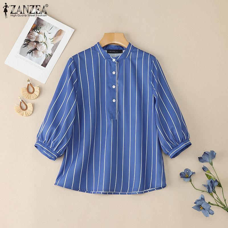 ZANZEA Women Casual Stand Collar Loose 3/4 Sleeve Stripe Blouse