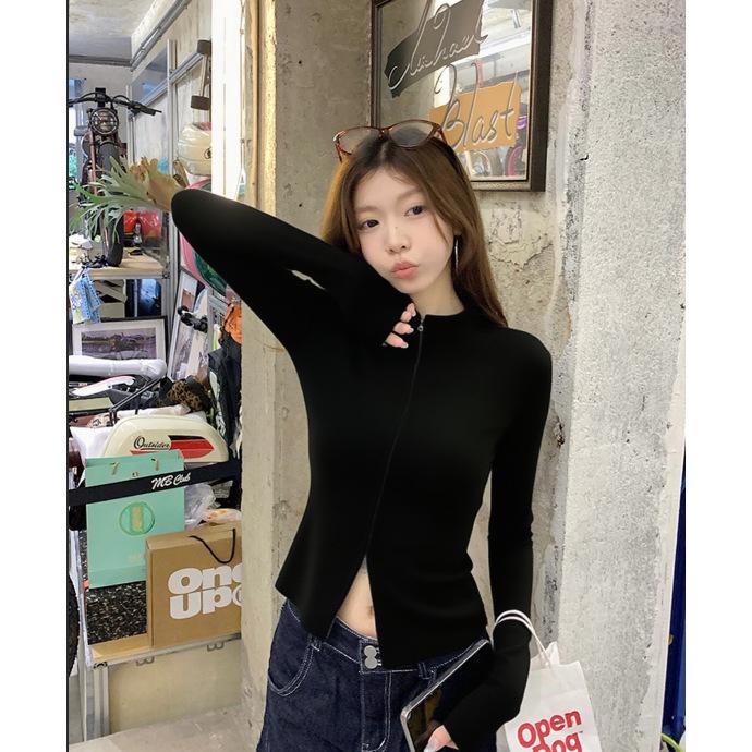 Women s Slim Fit Double Zipper Stand-Up Collar Cardigan Jacket S чёрный