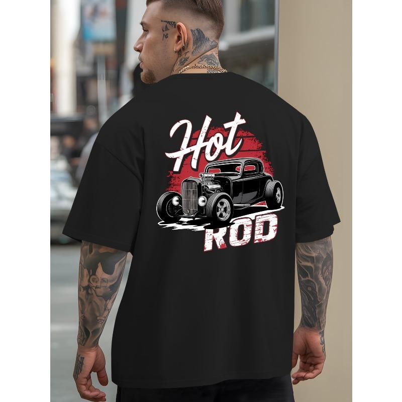 European Size Men's Hot Rod Car Print T-Shirt-Vintage Automotive Design with Bold Lettering,Loose Fit Breathable Summer Sportswear, Comfortable Fabric