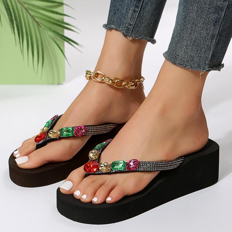 Fashion Fashion Rhinestone Platform Flip Flops for Women 2025 Summer Clip Toe Wedge Sandals Woman Thick Bottom Non Slip Beach Slippers