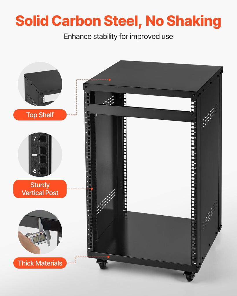 16U AV Rack, 90.7 kg Max Load Capacity, Home Recording Studio Rack with Lockable Caster Wheels, Open Frame Server Cabinet, Special Vent Design, for