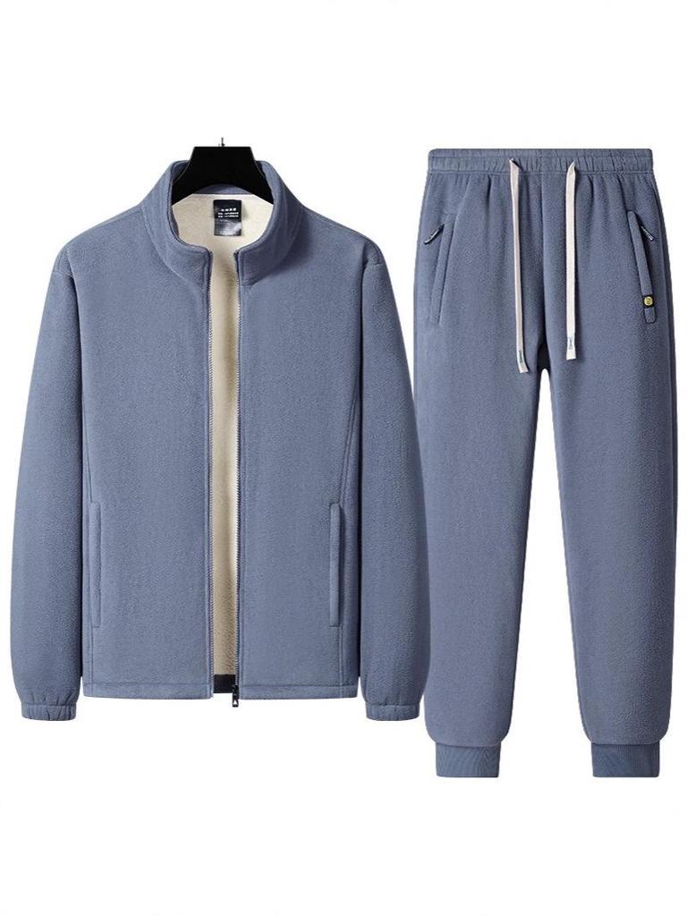 Men's Warm Winter Two-Piece Set: Stand-Collar Lambswool Fleece Jacket and Casual Pants.