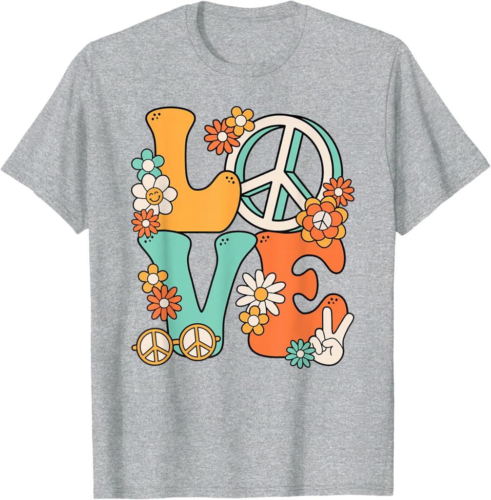 Hippie Love Peace Groovy Flowers Retro 70s Style Graphic Print Cotton T-Shirt Unisex Trip Casual