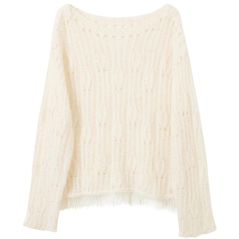 Sancai New Chinese Style Off-Shoulder Hollow-Out Tassel Knit Sweater S