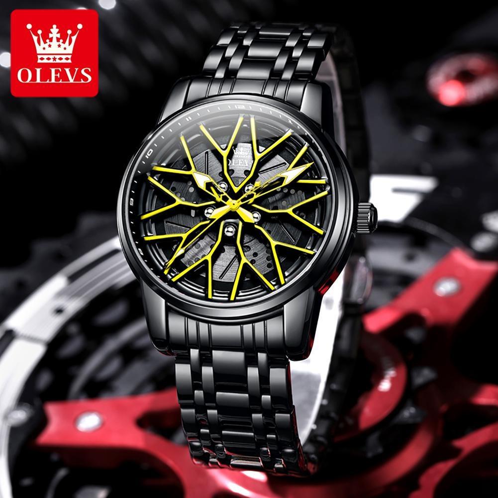 OLEVS Relógio de Pulso Masculino de Quartzo com Mostrador Rotativo 360° Fashion Roda Cubo de Roda Aro Carro Esportivo Aço Inoxidável à Prova d'Água