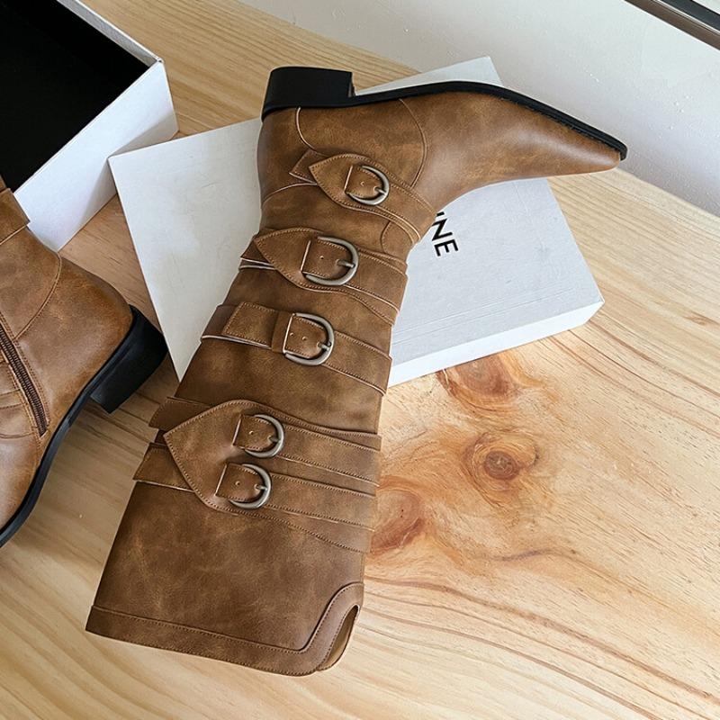 Fashion New Belt Buckle Combination Black Brown Western Cowboy Boots Women's Pointed Zipper 3.5cm Thick High Heels Knee High Boots 34-42