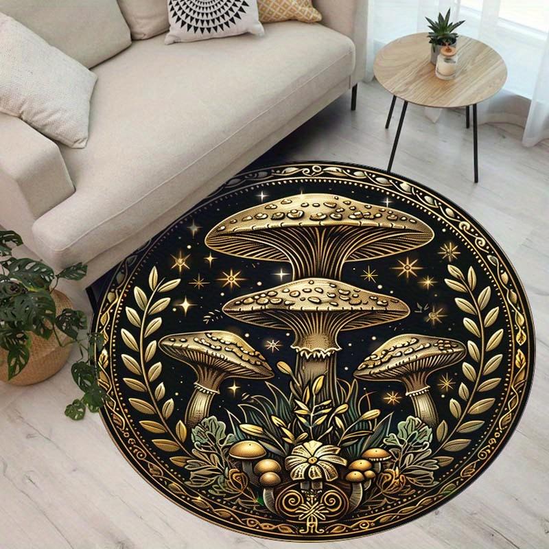 Fashion Golden Mushroom Pattern Round Rug, Non-Slip Washable Anti-Shedding Carpet for Living Room Bedroom Office Decor