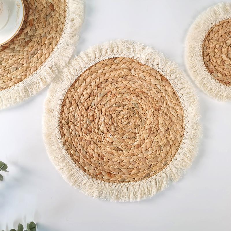 1PC Round straw placemat water hyacinth woven Western restaurant table mat with thickened insulated fringe edge coasters