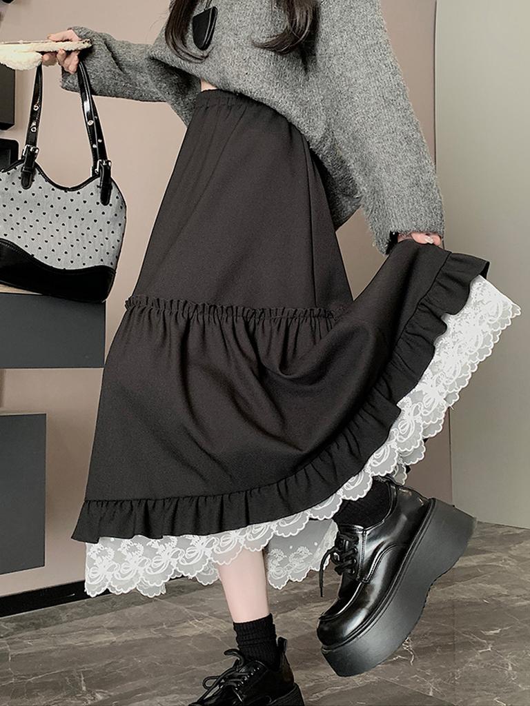 Lace Spliced Midi Skirts for Women High Waist Sweet Vintage A-line Cake Skirt Fashion Clothing Spring Autumn